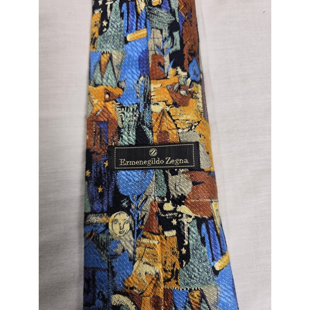 Ermenegildo Zegna Tie Mens Silk Blue Yellow Abstract Art Print Necktie Colorful - Picture 3 of 4
